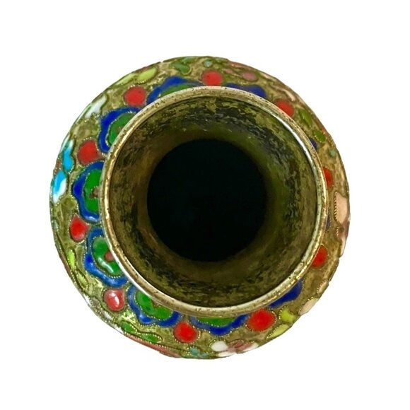 Antique Cloisonne w/ Ornate Enamel Flowers & Gold Gilding Brass Color Vase - Picture 12 of 13